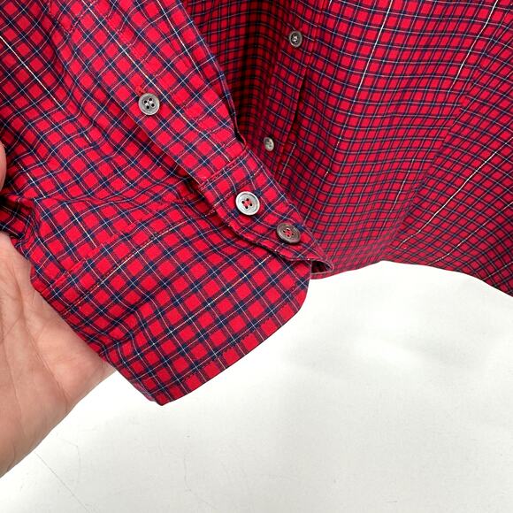 Talbots Blouse Womens 14 Red Blue Plaid Button Up Wrinkle Resistant Metallic - Picture 4 of 9